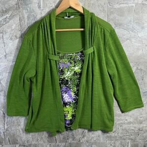 Notations Green cardigan with built in floral pattern t shirt set Woman's : PXL